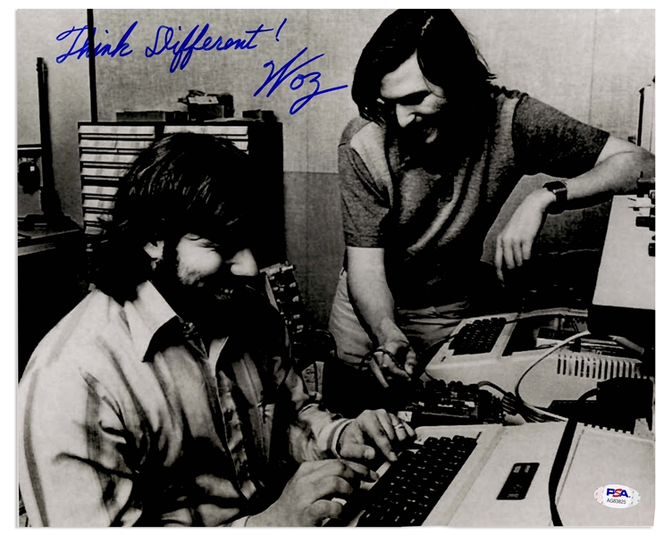 Steve Wozniak Signed 14'' x 11'' Photo of Him With Steve Jobs, Writing ''Think Different!'' -- With PSA/DNA COA